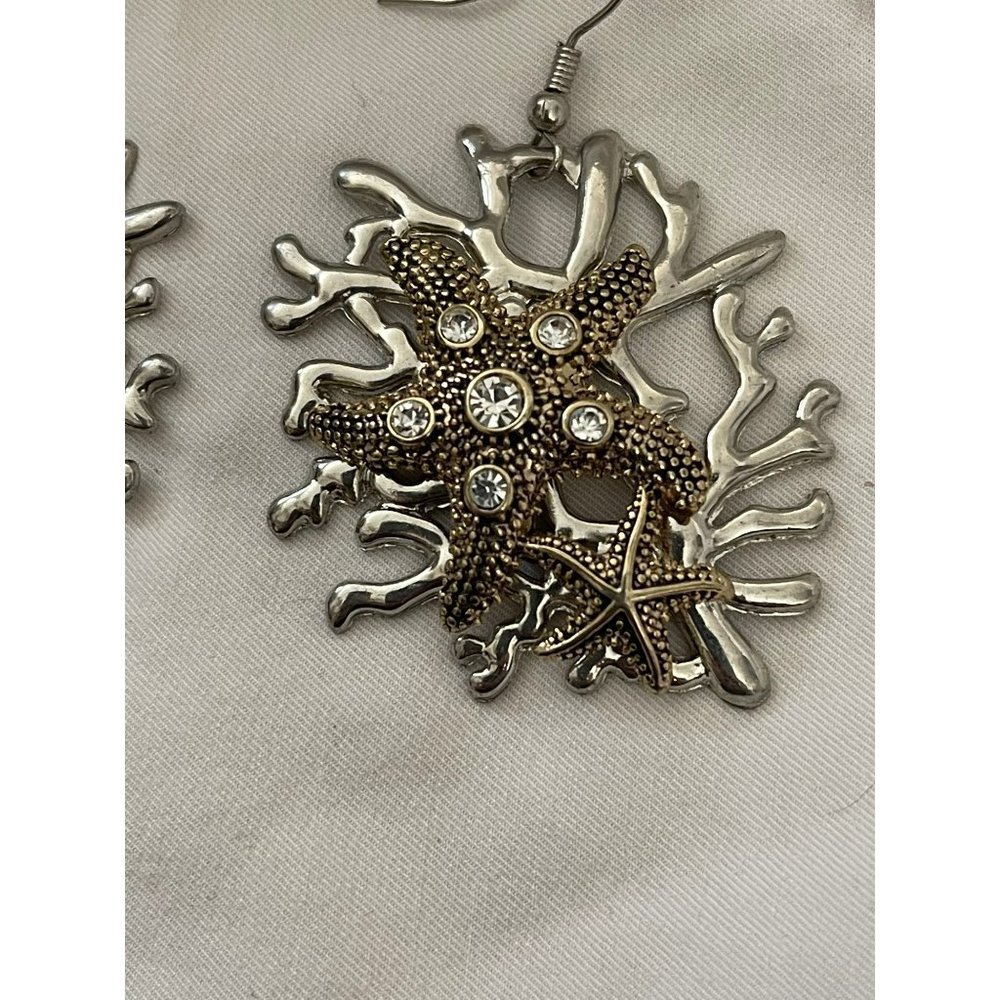 Vintage Silver Tone Coral Starfish Rhinestone Dangle Pierced Earrings - Picture 5 of 7